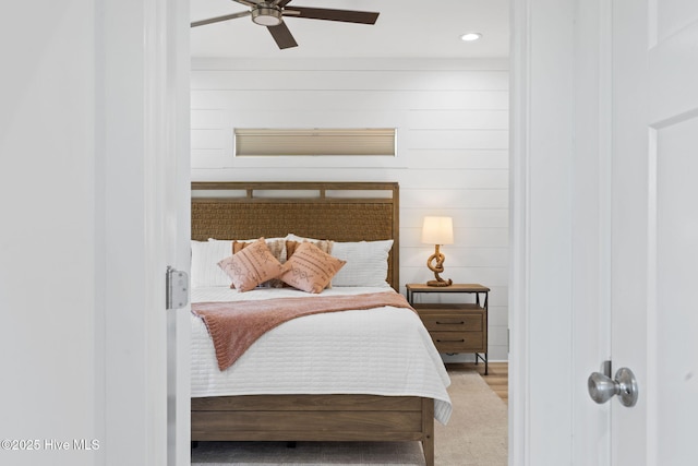 bedroom with recessed lighting and a ceiling fan