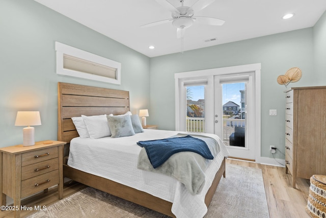 bedroom with access to exterior, visible vents, recessed lighting, light wood-style flooring, and a ceiling fan