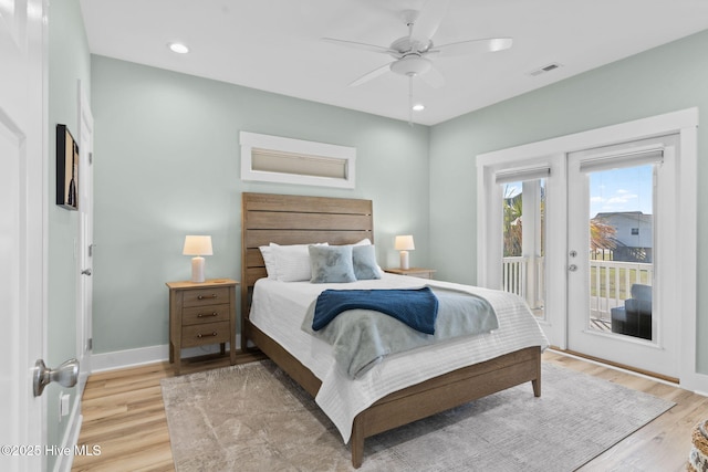 bedroom with visible vents, access to outside, recessed lighting, light wood-style floors, and baseboards