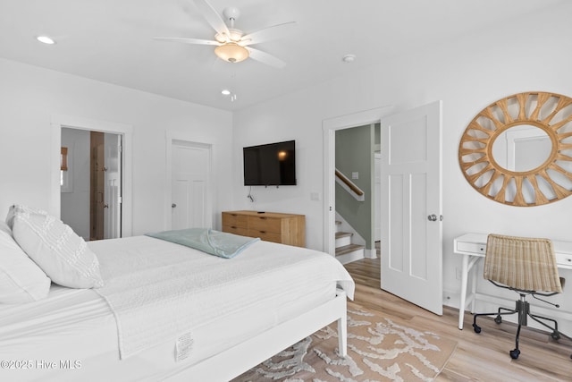 bedroom featuring light wood finished floors, recessed lighting, and ceiling fan