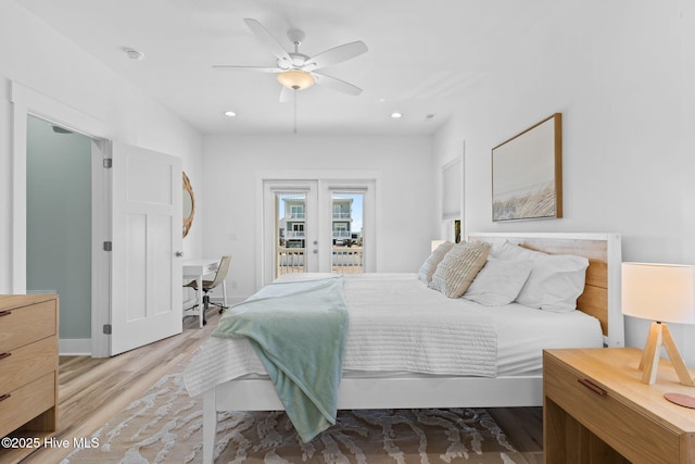 bedroom featuring light wood finished floors, recessed lighting, a ceiling fan, and access to exterior