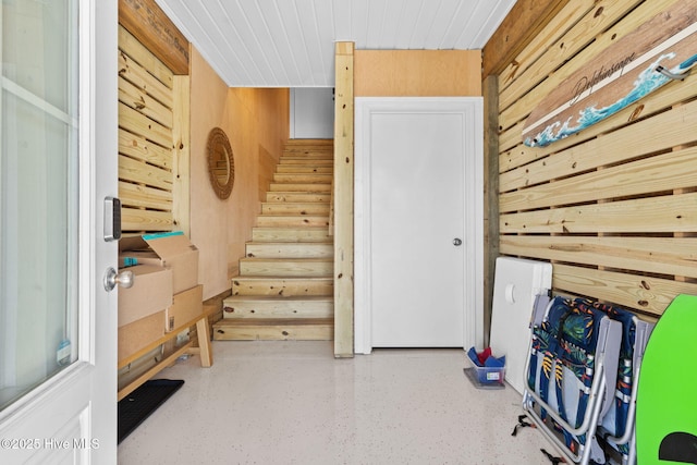 interior space with wood ceiling and wood walls