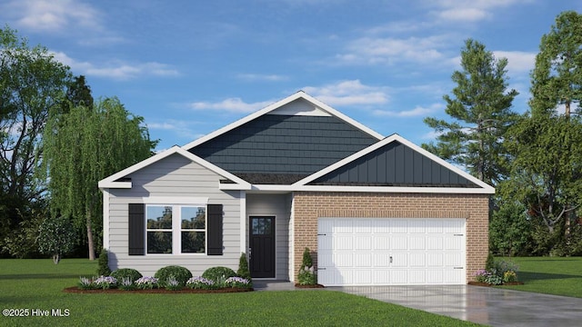 view of front facade with driveway, an attached garage, a front yard, board and batten siding, and brick siding