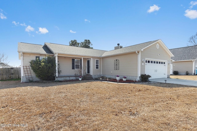 ranch-style house featuring a garage, fence, driveway, a front lawn, and a chimney