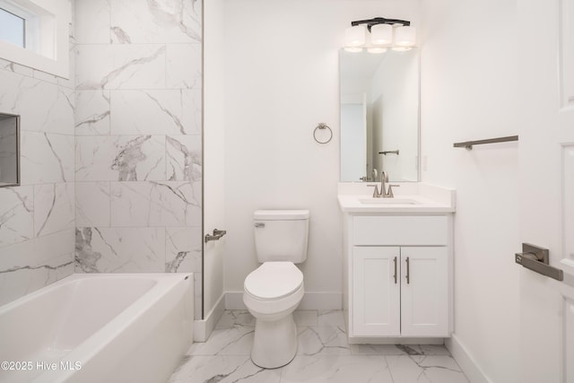 full bath with toilet, marble finish floor, shower / bath combination, baseboards, and vanity