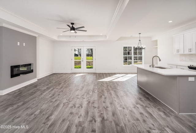 unfurnished living room featuring a tray ceiling, ornamental molding, dark wood-style floors, and a sink