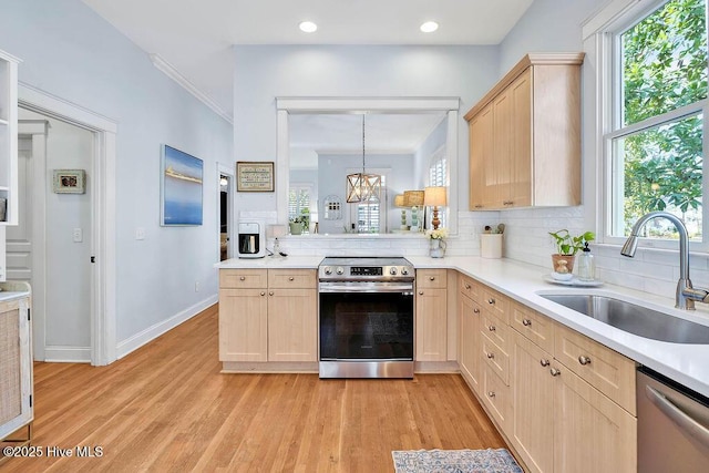 kitchen featuring tasteful backsplash, stainless steel appliances, light wood-type flooring, light brown cabinets, and a sink