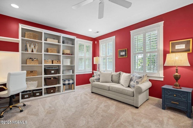 home office featuring ceiling fan, recessed lighting, carpet floors, visible vents, and baseboards