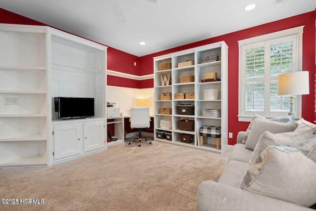 office space featuring recessed lighting, carpet flooring, and a ceiling fan