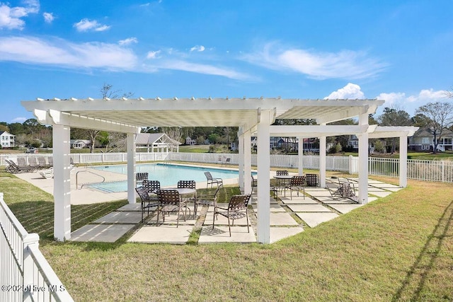 view of patio / terrace featuring fence, a community pool, and a pergola