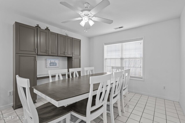 dining area with a ceiling fan, visible vents, baseboards, and light tile patterned floors