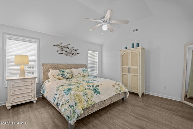 bedroom featuring high vaulted ceiling, wood finished floors, visible vents, and baseboards