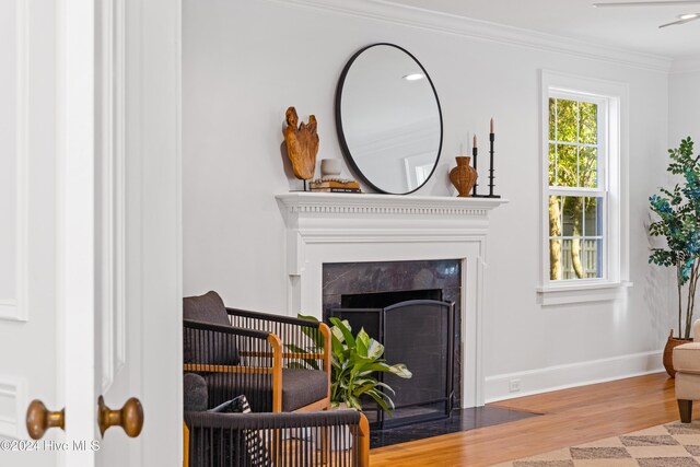 living area featuring baseboards, a fireplace, wood finished floors, and crown molding