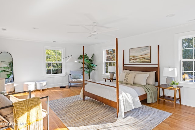 bedroom featuring ornamental molding, light wood-type flooring, multiple windows, and ceiling fan