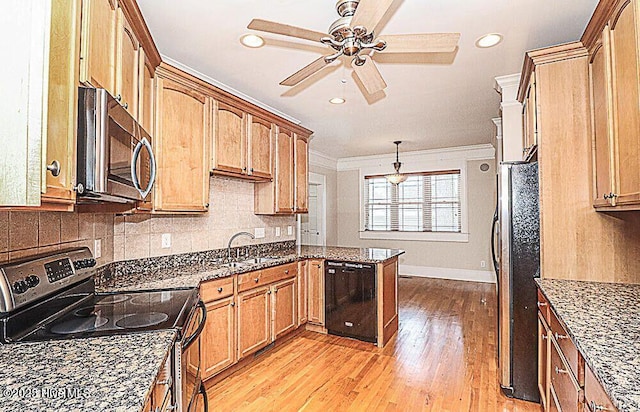 kitchen featuring light wood-style flooring, a sink, ornamental molding, appliances with stainless steel finishes, and tasteful backsplash