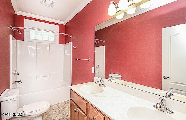 full bathroom featuring toilet, crown molding, visible vents, and a sink