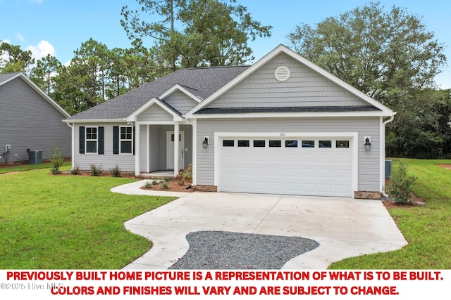 single story home with a shingled roof, a front lawn, central air condition unit, concrete driveway, and a garage