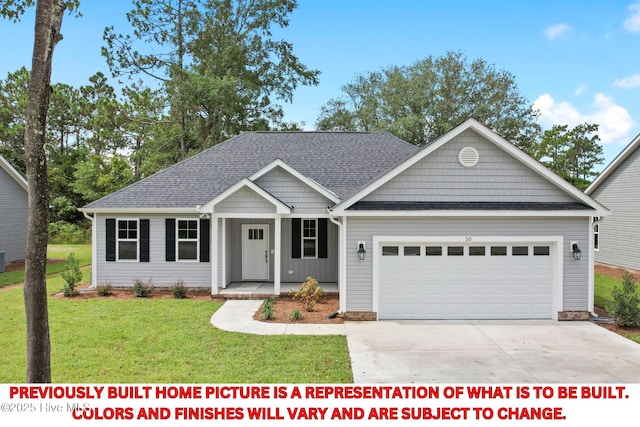 ranch-style house with an attached garage, roof with shingles, concrete driveway, and a front yard