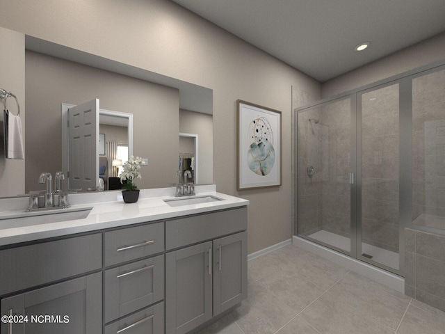 full bathroom featuring a stall shower, tile patterned floors, a sink, and double vanity