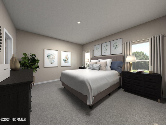 bedroom featuring recessed lighting, baseboards, and light colored carpet