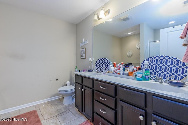 full bathroom featuring double vanity, visible vents, a stall shower, a sink, and tile patterned floors