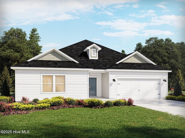 view of front of home featuring an attached garage, a front lawn, and concrete driveway