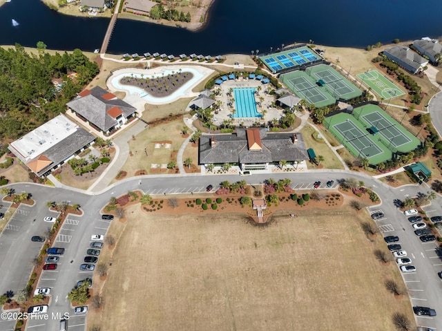 drone / aerial view featuring a water view