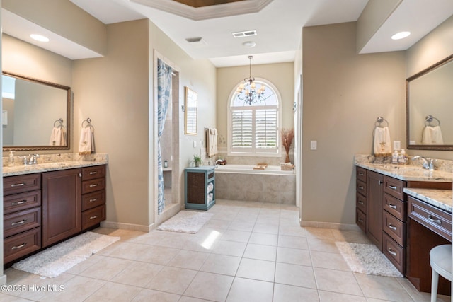 bathroom with a bath, visible vents, tiled shower, tile patterned flooring, and a notable chandelier