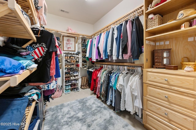 walk in closet featuring visible vents and carpet