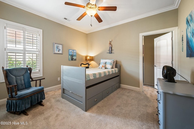 bedroom featuring visible vents, a ceiling fan, crown molding, baseboards, and light colored carpet