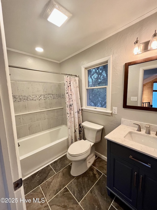 full bath featuring ornamental molding, vanity, toilet, and shower / bathtub combination with curtain