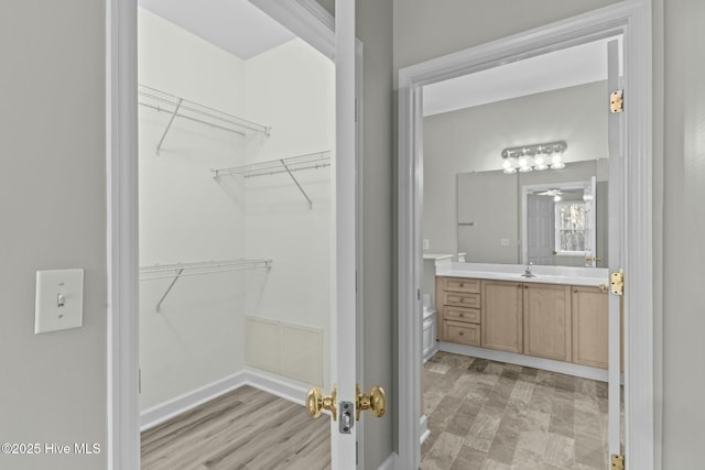 walk in closet with light wood-type flooring and a sink