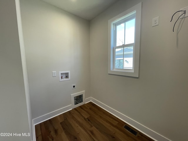 washroom with laundry area, baseboards, visible vents, dark wood-style flooring, and electric dryer hookup