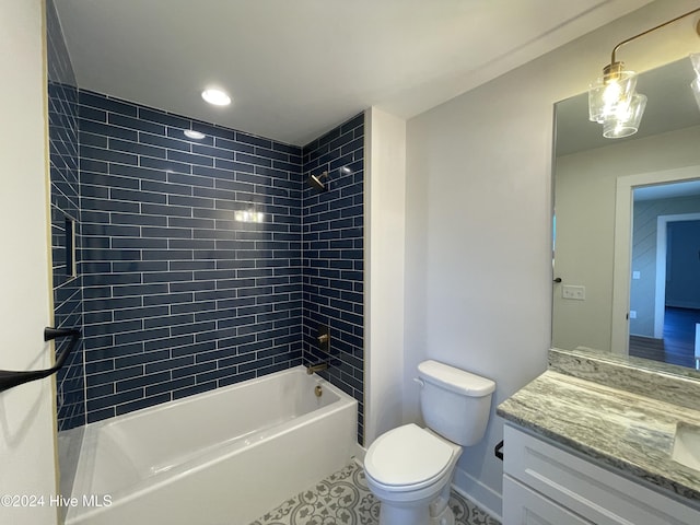 full bathroom with toilet, shower / tub combination, baseboards, and vanity