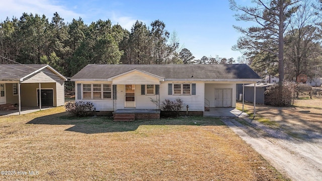 view of front of house with covered porch, crawl space, and a front yard