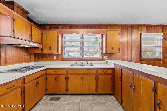 kitchen with stainless steel electric cooktop, under cabinet range hood, light countertops, and a sink