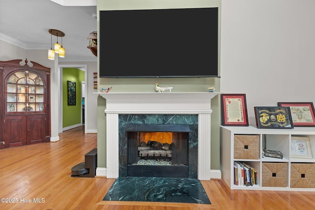 room details featuring ornamental molding, a fireplace, baseboards, and wood finished floors