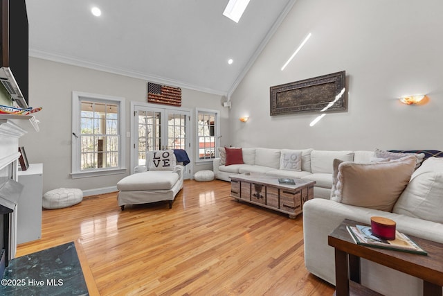 living area with a skylight, a premium fireplace, high vaulted ceiling, and crown molding