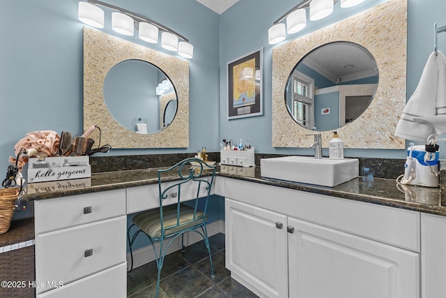 full bath featuring tile patterned flooring, crown molding, and vanity