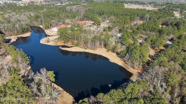 drone / aerial view with a water view and a wooded view