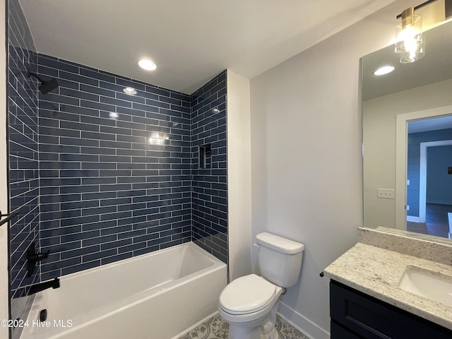 full bath with toilet, recessed lighting, bathing tub / shower combination, vanity, and baseboards