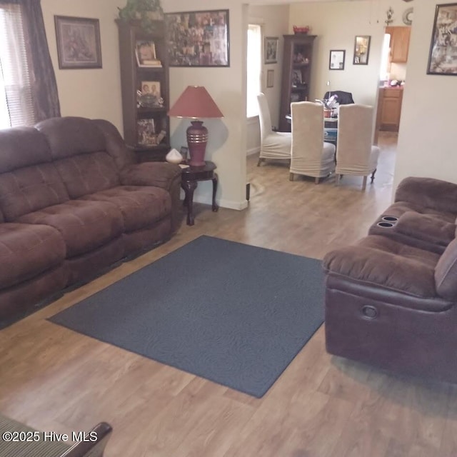 living area with wood finished floors and baseboards