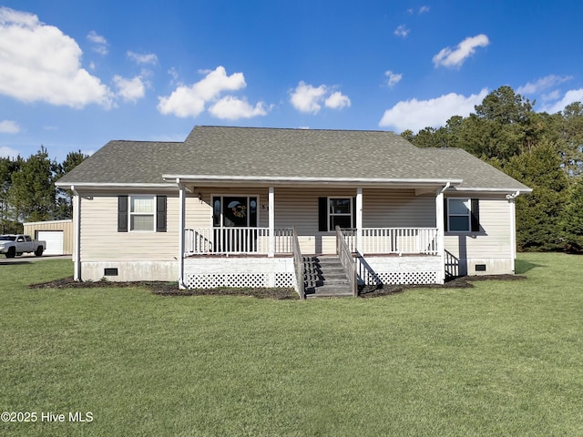 view of front of property featuring covered porch, a shingled roof, crawl space, and a front lawn