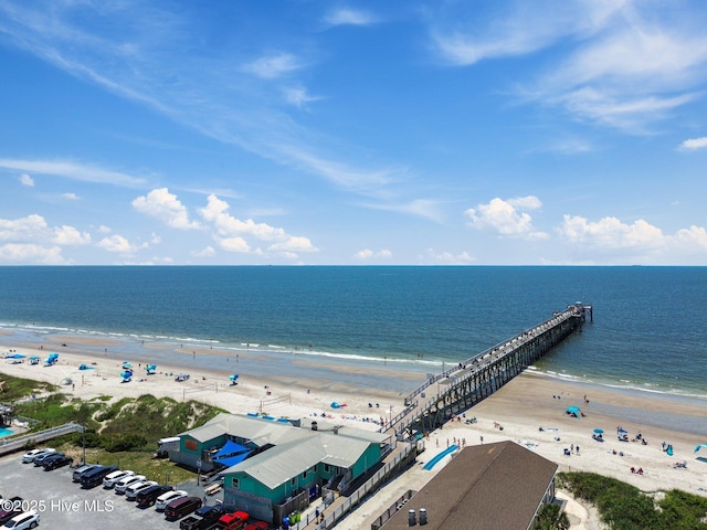 birds eye view of property featuring a view of the beach and a water view