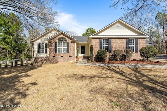 single story home with crawl space, a front lawn, brick siding, and fence