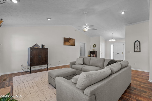 living area with baseboards, crown molding, lofted ceiling, and dark wood-style flooring