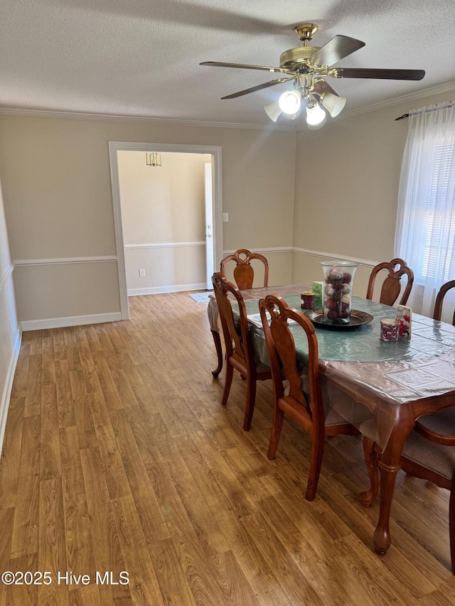 dining space featuring light wood-style floors, ornamental molding, ceiling fan, a textured ceiling, and baseboards