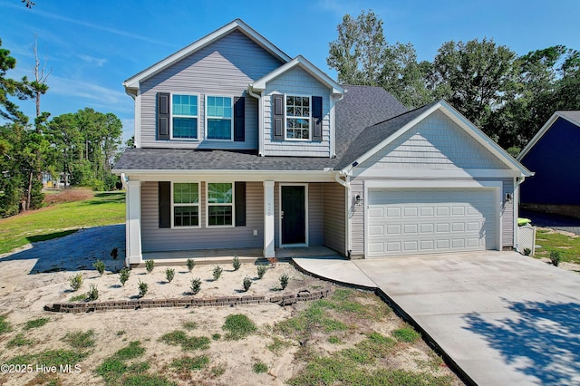 view of front facade with a shingled roof, concrete driveway, covered porch, and an attached garage