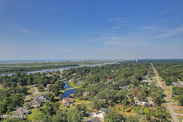 aerial view featuring a water view and a view of trees