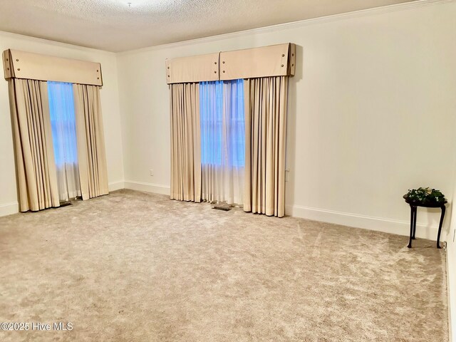 spare room featuring ornamental molding, light colored carpet, a textured ceiling, and baseboards